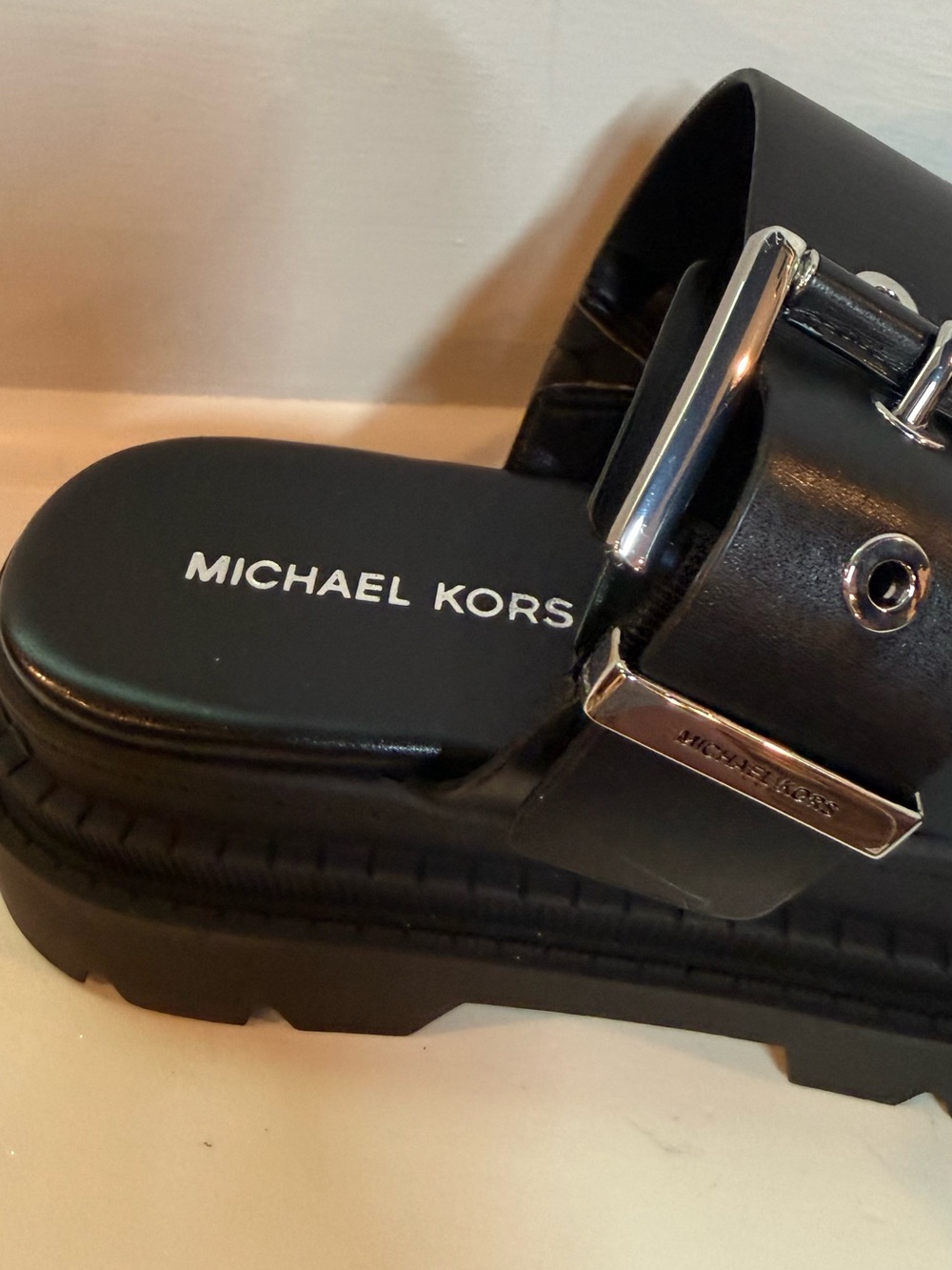 Michael Kors Black Lug-Sole Double Strap Slide Sandals - Picture 4 of 8